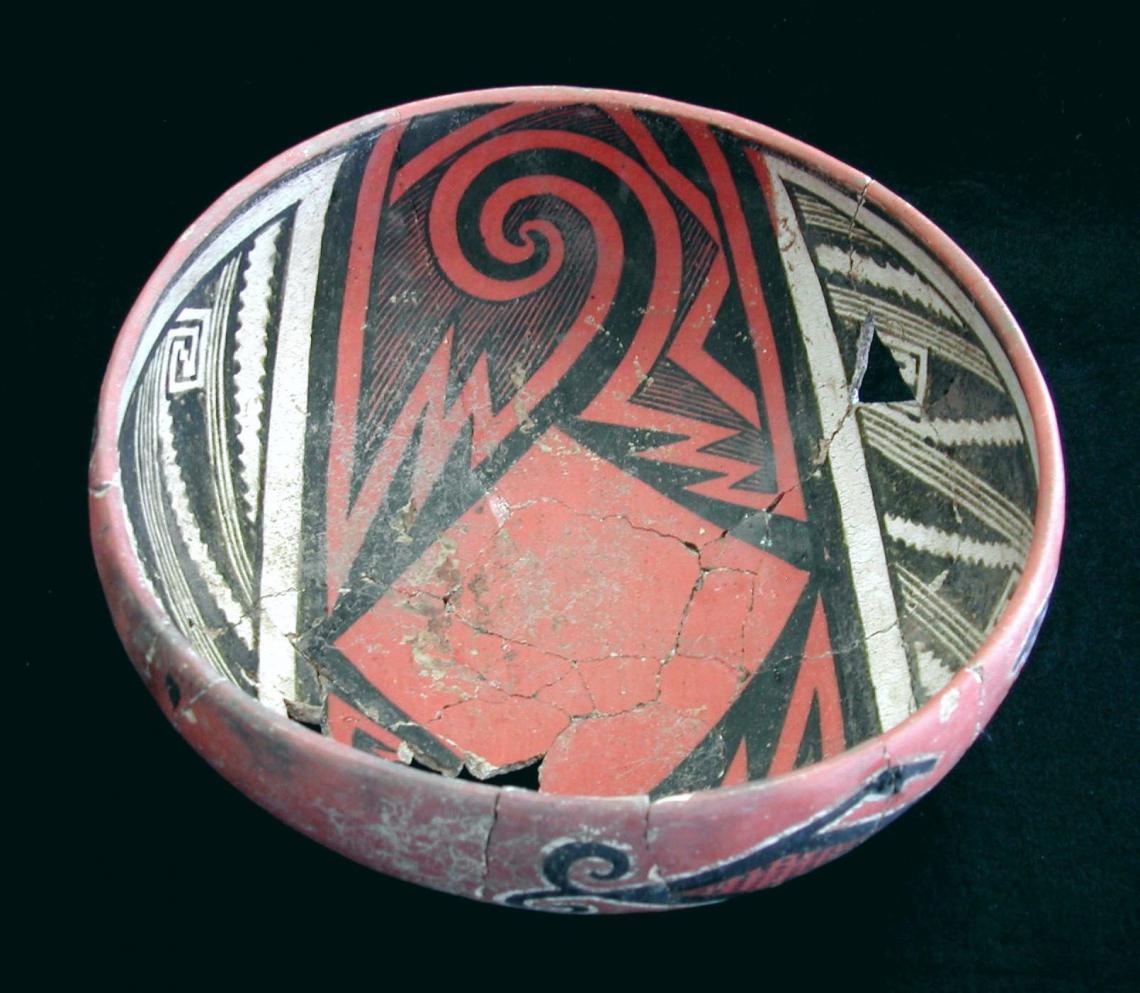 Pinedale Polychrome bowl from the Bailey Ruin, A.D. 1275-1325. This type of vessel was made during the megadrought that hit the Southwest from A.D. 1276-1299. The distribution of this type outside of its area of production was one of the ways that people Pinedale Polychrome bowl from the Bailey Ruin, A.D. 1275-1325. This type of vessel was made during the megadrought that hit the Southwest from A.D. 1276-1299. The distribution of this type outside of its area of production was one of the ways that people